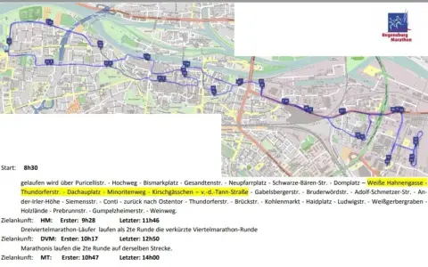 Streckenplan des Regensburg Marathon mit den Routen für HM, DVM und MT.