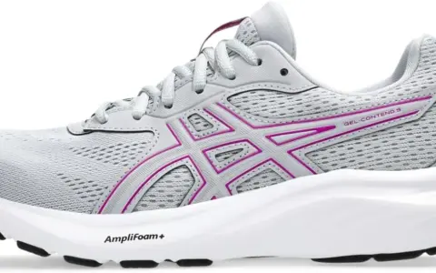 Grauer Damen-Laufschuh Asics Gel-Contend 9 mit pinken Akzenten und weißer Sohle.