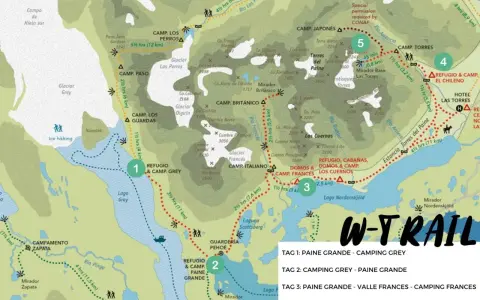 Karte zeigt Wanderwege in Patagonien, mit Stationen wie Refugio & Camp. Grey und Lago Grey.