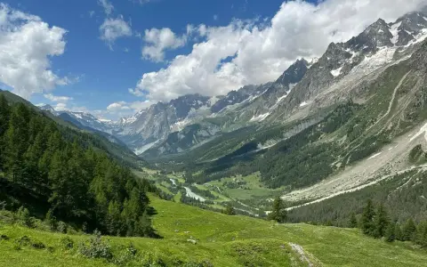 Grüne Almwiesen und Nadelwälder säumen das Tal auf einer Montblanc Tour. Majestätische Berge mit Schneefeldern ragen in den blauen Himmel.