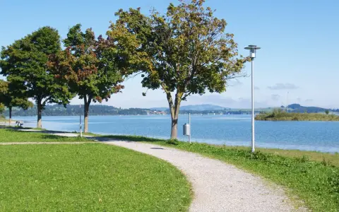 Ein Kiesweg führt am Ufer entlang, Bäume säumen den Panoramaweg Füssen. Blauer See und sanfte Hügel im Hintergrund.