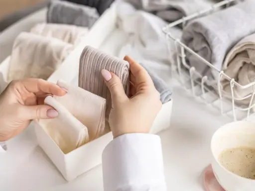 Hände sortieren gefaltete Socken in einer Schubladenteilung. Nach dem Wandersocken waschen ist Ordnung angesagt.