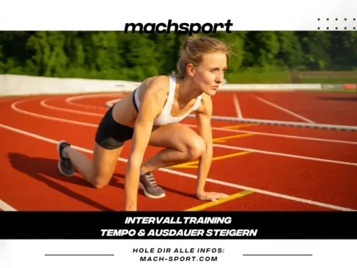 Läuferin in Startposition auf einer Laufbahn, bereit für lange strides. Intervalltraining für Tempo und Ausdauer.