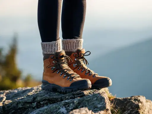 Braune Wanderschuhe mit dicken Schnürsenkeln und Strickstulpen. Die richtige Wahl, welche Socken zum Wandern, ist entscheidend für Komfort.