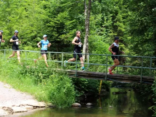 Läufer überqueren eine Brücke beim x trail breitnau.