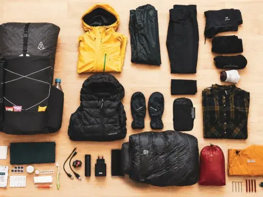 Rucksack, Wanderstöcke, gelbe Regenjacke, Daunenjacke, Handschuhe, Schlafsack, Zelt und Kleidung für **ultralight trekking**.