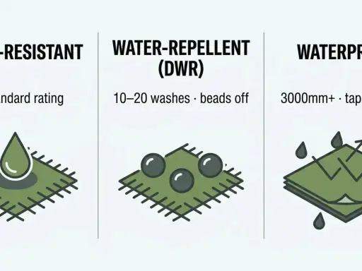 Vergleich von wasserabweisend und wasserdicht. Links: Tropfen perlt ab. Mitte: DWR-Beschichtung, Perlen bleiben auf dem Stoff. Rechts: Wasserdicht, Schichten mit versiegelten Nähten.