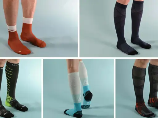 Verschiedene Kompressionssocken für das Laufen, von kurz bis knielang, in diversen Farben und Designs.