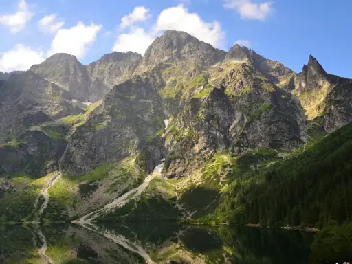 Majestätische Berge im Tatra Gebirge laden zum Wandern ein. Ein ruhiger See spiegelt die felsigen Hänge und den blauen Himmel wider.