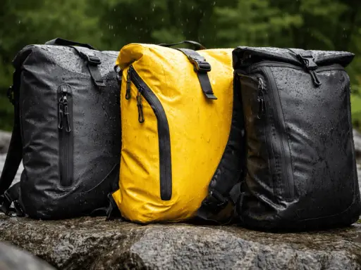 Drei wasserdichte Rucksäcke mit PU-Beschichtung stehen im Regen auf Felsen. Einer ist gelb, die anderen beiden schwarz.
