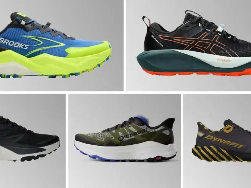 Fünf verschiedene **Trailrunning Schuhe** in lebendigen Farben und Designs, bereit für jedes Abenteuer im Gelände.
