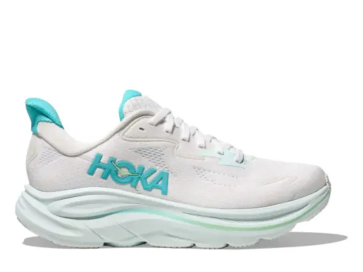 Weißer Hoka Schuh mit türkisfarbenem Logo und mintgrünen Akzenten. Viele positive Hoka Schuhe Erfahrungen sprechen für diesen Laufschuh.
