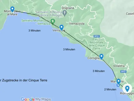 Karte zeigt, wo liegt Cinque Terre: Zugstrecke von Monterosso nach Riomaggiore mit Fahrzeiten.