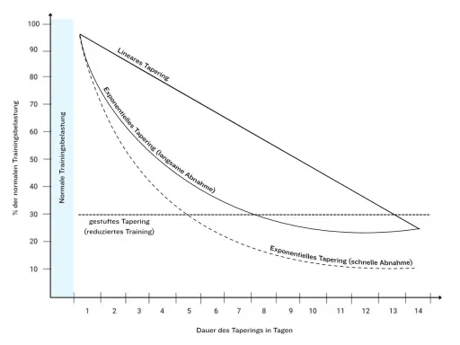 Diagramm zeigt drei Tapering-Methoden: linear, exponentiell (langsam/schnell) und gestuft. Ideal für die Vorbereitung auf einen Halbmarathon.