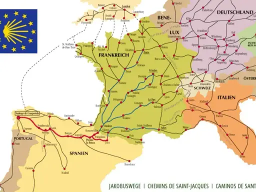 Karte zeigt Jakobuswege in Europa, mit Routen durch Frankreich, Spanien, Portugal, Italien, Schweiz, Deutschland und Österreich. Alternative Routen sind eingezeichnet.
