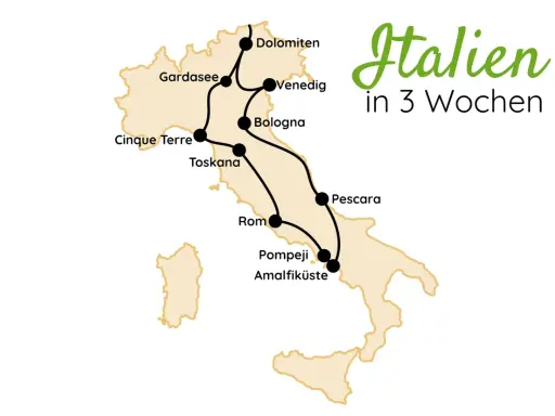 Karte von Italien mit markierten Orten für Fernwanderwege: Dolomiten, Gardasee, Venedig, Bologna, Cinque Terre, Toskana, Rom, Pompeji, Amalfiküste, Pescara.