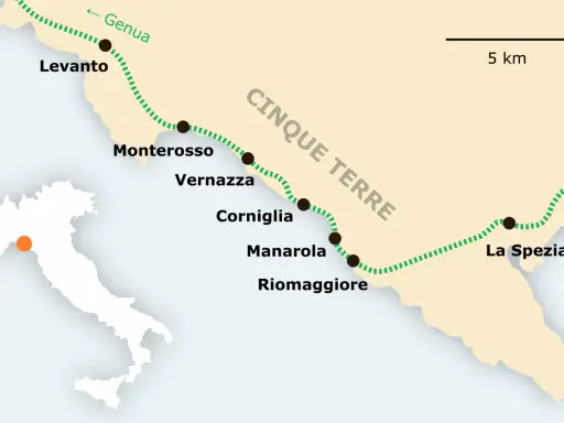 Karte zeigt die Cinque Terre Anreise von Genua über Levanto, Monterosso, Vernazza, Corniglia, Manarola bis La Spezia.