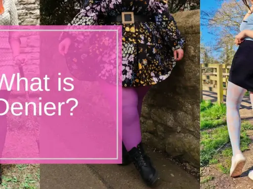 Drei Frauen in bunten Strumpfhosen und Kleidern. Die Frage "What is Denier?" wird gestellt, um die Bedeutung von Denier zu erklären.