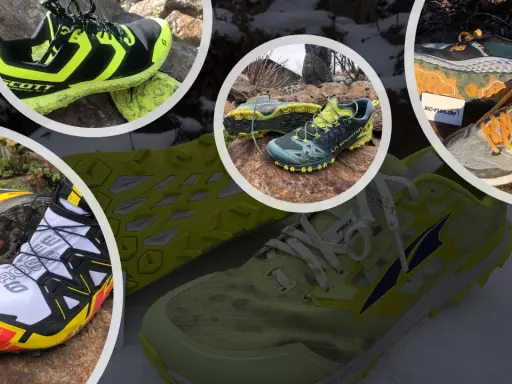 Verschiedene trailrunning schuhe zum joggen geeignet, teils schlammig, teils auf Schnee und Steinen liegend.