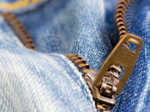 Nahaufnahme eines Reißverschlusses an Jeans. Der Schieber ist halb geöffnet. Ein guter Zeitpunkt, um den Reißverschluss reparieren zu lassen.