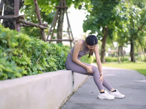 Frau sitzt im Park, hält ihr Bein und scheint Schmerzen zu haben. Mögliche Ursache: schwere Beine beim Laufen.