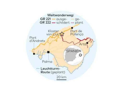 Karte zeigt den fernwanderweg Mallorca mit den Routen GR 221 und GR 222, die Orte wie Palma, Port d'Andratx und Port de Pollença verbinden.