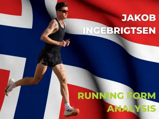 Jakob Ingebrigtsen, der norwegische Läufer, in Aktion vor der norwegischen Flagge. Analyse seiner Lauftechnik.