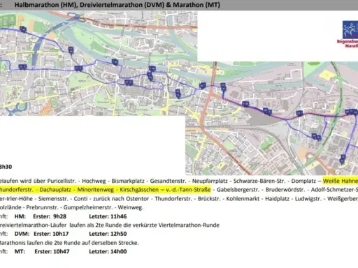 Streckenplan des Regensburg Marathon mit den Routen für HM, DVM und MT.