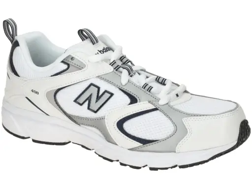 Ein weißer New Balance 408 Herren Sneaker mit grauen und dunkelblauen Akzenten.