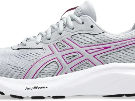 Grauer Damen-Laufschuh Asics Gel-Contend 9 mit pinken Akzenten und weißer Sohle.