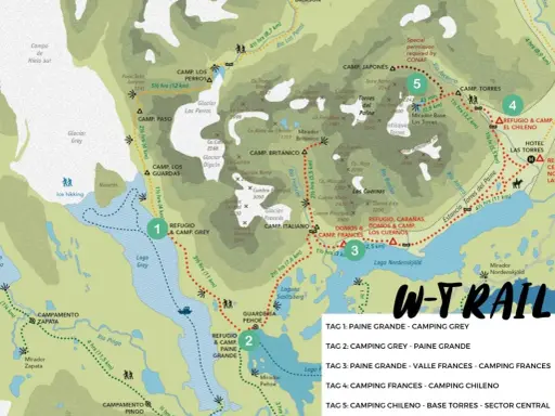 Karte zeigt Wanderwege in Patagonien, mit Stationen wie Refugio & Camp. Grey und Lago Grey.