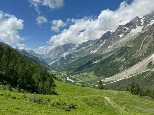 Grüne Almwiesen und Nadelwälder säumen das Tal auf einer Montblanc Tour. Majestätische Berge mit Schneefeldern ragen in den blauen Himmel.
