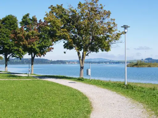 Ein Kiesweg führt am Ufer entlang, Bäume säumen den Panoramaweg Füssen. Blauer See und sanfte Hügel im Hintergrund.