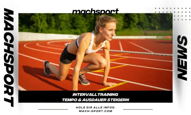 Läuferin in Startposition auf einer Laufbahn, bereit für lange strides. Intervalltraining für Tempo und Ausdauer.