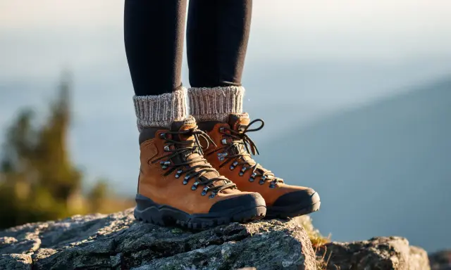 Braune Wanderschuhe mit dicken Schnürsenkeln und Strickstulpen. Die richtige Wahl, welche Socken zum Wandern, ist entscheidend für Komfort.