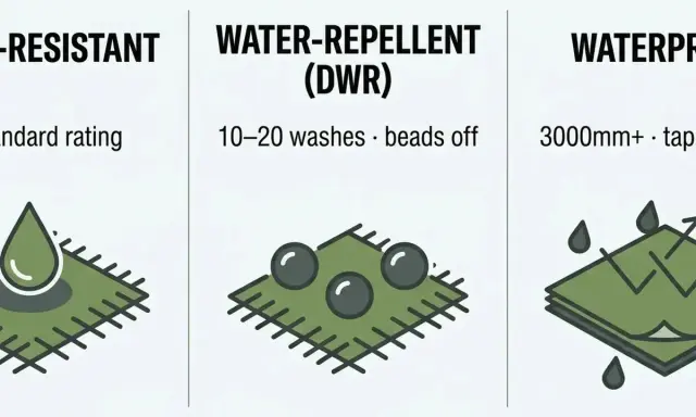 Vergleich von wasserabweisend und wasserdicht. Links: Tropfen perlt ab. Mitte: DWR-Beschichtung, Perlen bleiben auf dem Stoff. Rechts: Wasserdicht, Schichten mit versiegelten Nähten.