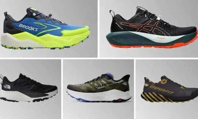 Fünf verschiedene **Trailrunning Schuhe** in lebendigen Farben und Designs, bereit für jedes Abenteuer im Gelände.