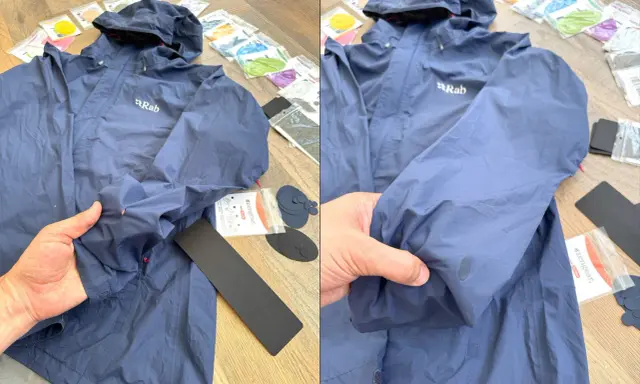 Blaue Regenjacke reparieren: Ein Loch im Ärmel wird mit einem Reparaturflicken aus dem Set ausgebessert.