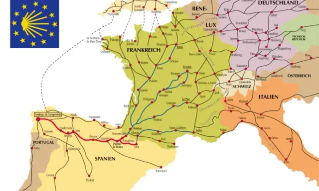Karte zeigt Jakobuswege in Europa, mit Routen durch Frankreich, Spanien, Portugal, Italien, Schweiz, Deutschland und Österreich. Alternative Routen sind eingezeichnet.