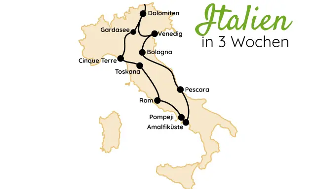 Karte von Italien mit markierten Orten für Fernwanderwege: Dolomiten, Gardasee, Venedig, Bologna, Cinque Terre, Toskana, Rom, Pompeji, Amalfiküste, Pescara.