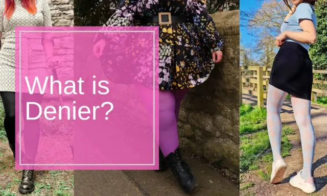 Drei Frauen in bunten Strumpfhosen und Kleidern. Die Frage "What is Denier?" wird gestellt, um die Bedeutung von Denier zu erklären.