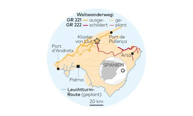 Karte zeigt den fernwanderweg Mallorca mit den Routen GR 221 und GR 222, die Orte wie Palma, Port d'Andratx und Port de Pollença verbinden.