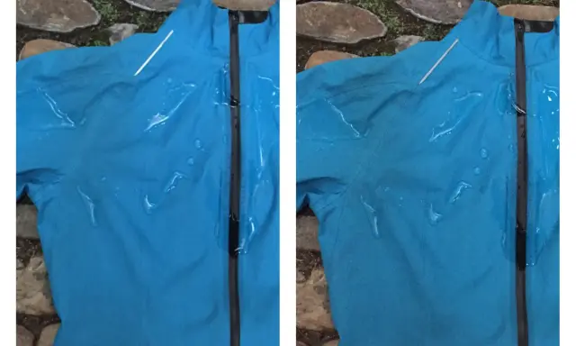 Zwei Ansichten einer blauen Regenjacke mit Wassertropfen. Die Jacke ist wasserabweisend und trocknet schnell.