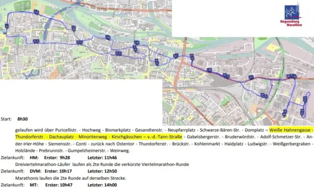 Streckenplan des Regensburg Marathon mit den Routen für HM, DVM und MT.