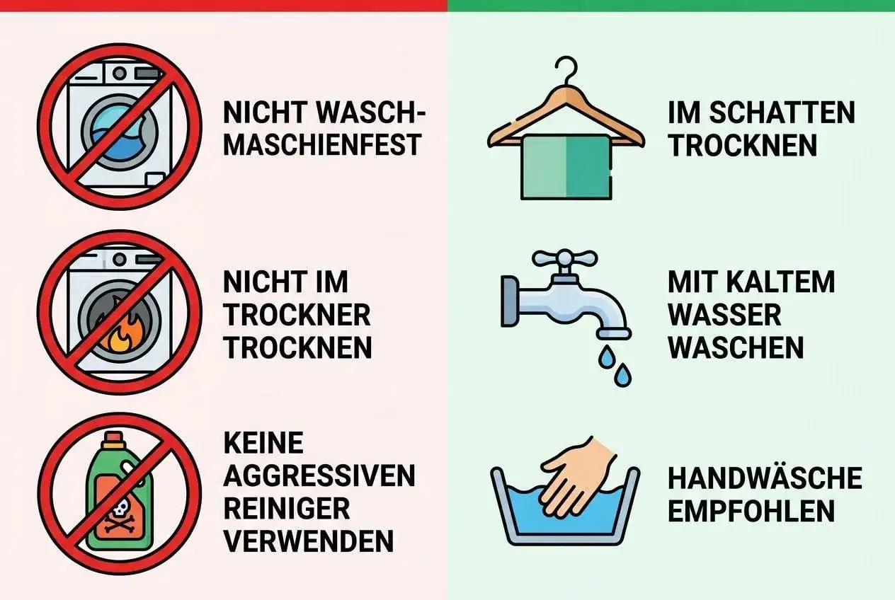 Pflegehinweise f&uuml;r eine Regenjacke: Nicht in der Maschine waschen oder im Trockner trocknen. Besser im Schatten trocknen, kalt waschen und Handw&auml;sche.