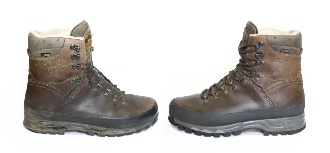 Zwei braune Meindl-Bergschuhe im Vergleich: links der abgenutzte Schuh, rechts der neu besohlte Schuh.