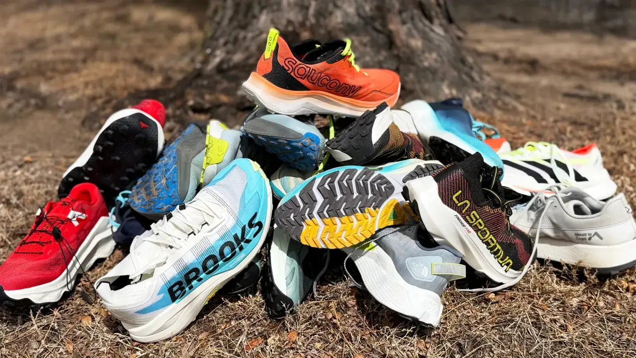 Bunte Auswahl an trailrunning schuhen zum joggen geeignet, darunter Brooks, Saucony und La Sportiva, liegen auf trockenem Laub.