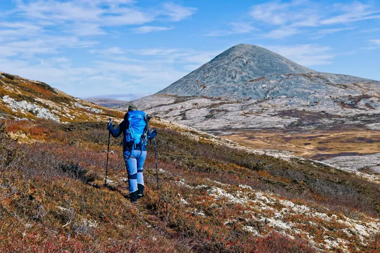 Wanderer mit blauem Rucksack und Stöcken auf einem Pfad im Rondane Nationalpark. Ein markanter Berg dominiert die Landschaft.