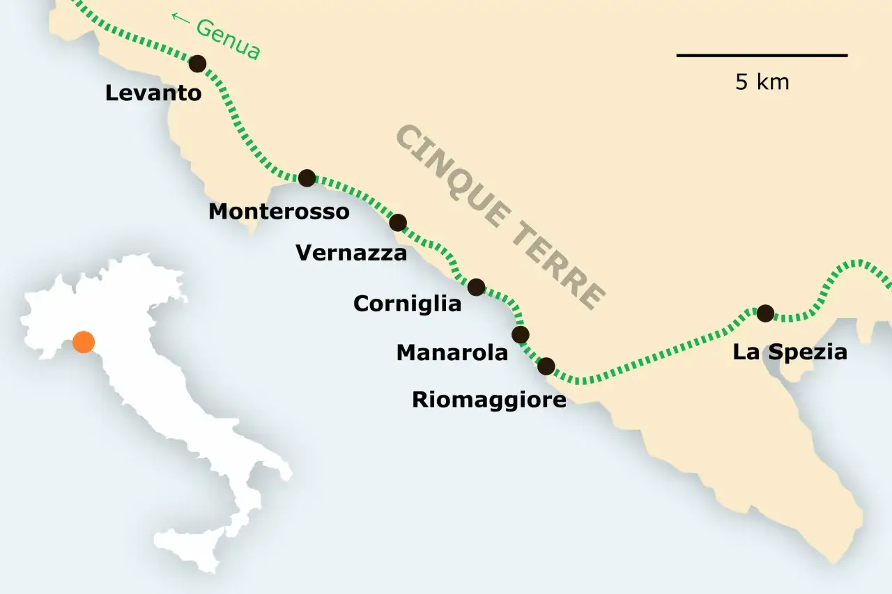 Karte zeigt die Cinque Terre Anreise von Genua über Levanto, Monterosso, Vernazza, Corniglia, Manarola bis La Spezia.