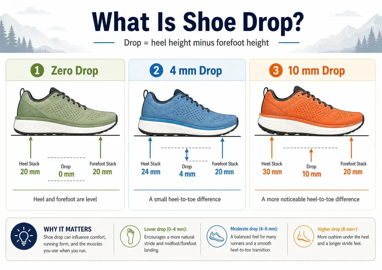 Vergleich von Laufschuhen mit 0, 4 und 10 mm Sprengung. Die Grafik erklärt, wie die Sprengung den Laufstil beeinflusst.